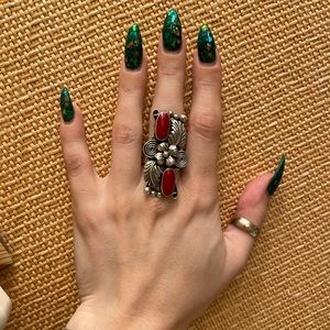 Vintage Native American Sterling Silver & Red Coral Statement Ring